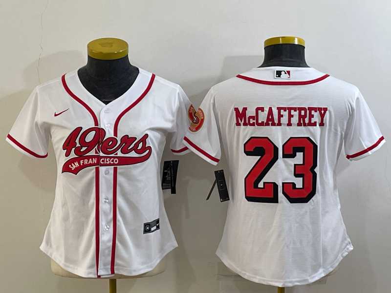 Womens San Francisco 49ers #23 Christian McCaffrey White Color Rush With Patch Cool Base Stitched Baseball Jersey